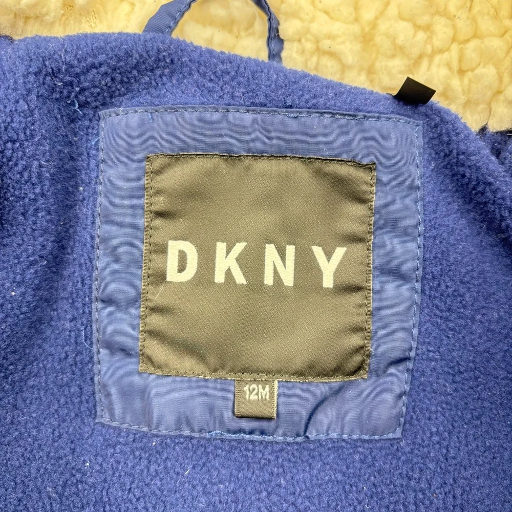 DKNY Puffer Jacket Baby Girls 12M Navy Blue Sequin Stripe Hooded Winter Coat